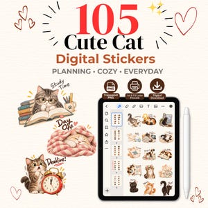 Op de afbeelding: Een digitale collectie van 105 schattige kattenstickers met illustraties van katten die studeren, slapen en werken. De afbeelding bevat de tekst 105 Cute Cat Digital Stickers, Planning, Cozy, Everyday, en iconen voor PNG, A4 en download.