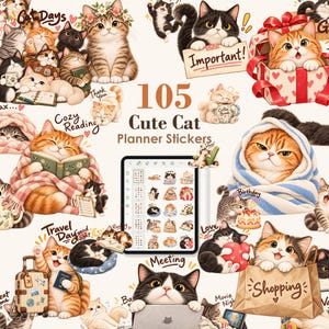 105 Sticker Digitali Gatto, PNG Trasparente per Goodnotes, Stampabile A4 e US Letter