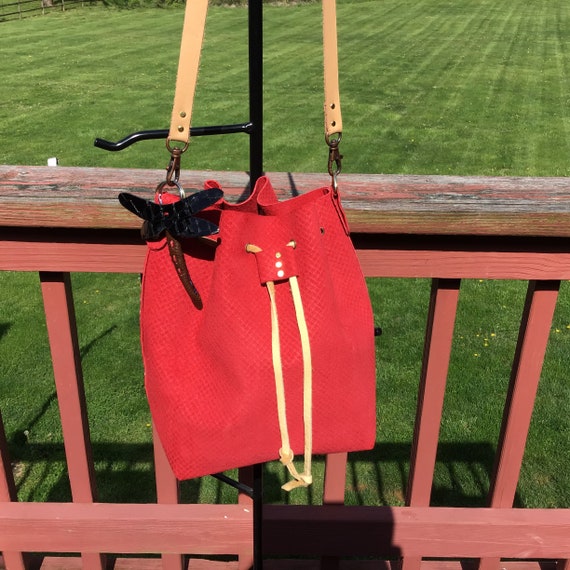 Red Suede Leather Bucket Bag - Etsy display picture 3