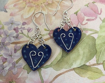 Blue Heart Enameled Copper Earrings