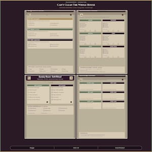 May include: A four-page printable cleaning planner titled Can't Clean The Whole House, featuring beige and dark purple sections. It includes checklists for kitchen, bathroom, bedroom, and living areas, plus Sunday reset rituals and energy-based task zones.