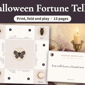 May include: A printable Halloween fortune teller paper game featuring a central moth illustration, corner icons of a ghost, owl, bat, and moon, and numbered sections with text. Beside it lies a rectangular card labeled Madame Moth Says.