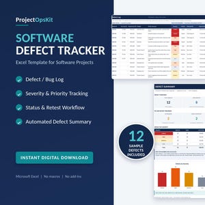 May include: A software defect tracker Excel template featuring a dark blue sidebar with the text ProjectOpsKit, Software Defect Tracker, and a list of features. The image displays a defect log table and a defect summary dashboard with charts.