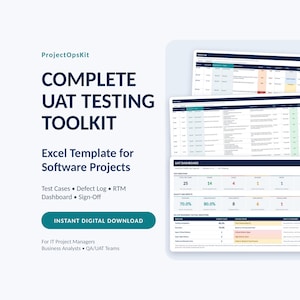 Peut inclure: Un modèle Excel de boîte à outils de test UAT pour projets logiciels, avec le texte ProjectOpsKit, Complete UAT Testing Toolkit et Instant Digital Download. L'affichage présente trois interfaces de tableau de bord empilées avec des données.