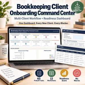May include: A digital bookkeeping client onboarding command centre dashboard displayed on a laptop screen, featuring a multi-client workflow, readiness dashboard, and client master list with text including Bookkeeping Client Onboarding Command Centre.