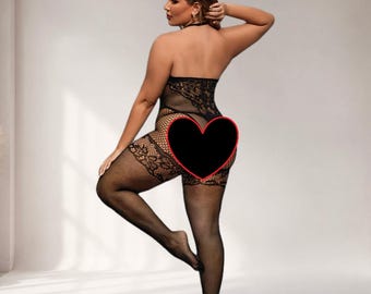 Schwarzer Spitzenbody für Damen, Tanzbody aus floralem Mesh, Einheitsgröße, dehnbares Ganzkörper-Outfit