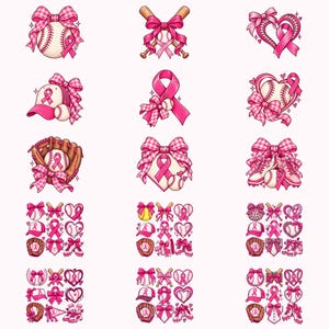 Peut inclure: Une collection d'illustrations numériques présentant des éléments sur le thème du baseball combinés à des rubans de sensibilisation roses et des nœuds à carreaux. Les motifs incluent des balles, battes, gants, chaussures et cœurs roses et blancs.