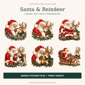 Peut inclure: Une collection numérique de six illustrations de Noël représentant le Père Noël et un renne. Les graphiques montrent le Père Noël en costume rouge interagissant avec un renne portant une écharpe verte, entouré de branches de pin et de houx.