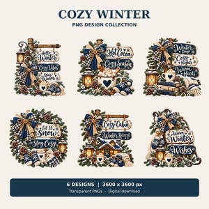 Peut inclure: Une collection numérique de six motifs graphiques sur le thème de l'hiver, avec des panneaux en bois portant des textes comme COZY WINTER, HOT COCOA et LET IT SNOW. Chaque illustration inclut des lanternes, pommes de pin, nœuds, tasses et moufles.