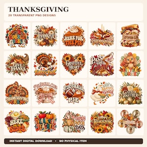 Peut inclure: Une collection numérique de 20 designs PNG transparents sur le thème de Thanksgiving, avec des dindes, des citrouilles, des tartes et des feuillages d'automne. Chaque graphique inclut du texte festif comme Gobble Gobble, Thankful et Gather Together.