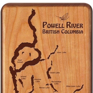 POWELL RIVER Map Fly Box -Handcrafted, Custom Designed, Laser Engraved. Includes Name, Inscription,Artwork. Fly Fishing BC Canada.