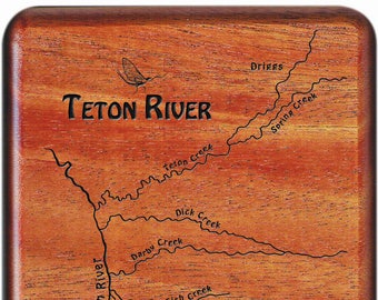 TETON RIVER Map Fly Box -Handcrafted, Custom Designed, Laser Engraved. Includes Name, Inscription, Artwork. Fly Fishing Driggs, ID.