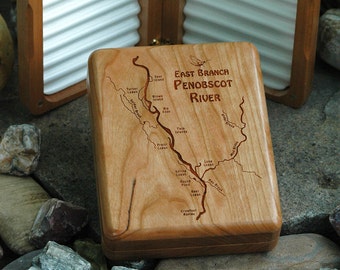 Penobscot River East Branch River Map Fly Box - Custom Designed, Laser Engraved. Includes Name, Inscription, Artwork. Fly Fishing Maine.