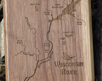 Wisconsin River Map Fly Box - Handcrafted, Custom Designed, Laser Engraved. Includes Name, Inscription, Artwork. Fly Fishing Wisconsin.