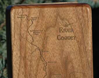 RIVER COQUET River Map Fly Box - Handcrafted, Custom Designed, Laser Engraved. Includes Name, Inscription, Artwork. Fly Fishing England.