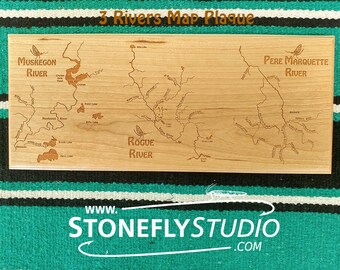 3 RIVERS MAP Plaque – 6 X 14 1/4 – Handcrafted, Custom Laser Engraved with 3 Pre-designed Original River Maps. 100's of Maps to Choose From.