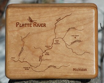 PLATTE RIVER Map Fly Box - Handcrafted, Custom Designed, Laser Engraved. Includes Name, Inscription, Artwork. Fly Fishing MI.