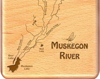 MUSKEGON RIVER Map Fly Box. Personalized, Handcrafted, Custom Designed, Laser Engraved Gift. Includes Name, Inscription, Art. Fly Fishing MI