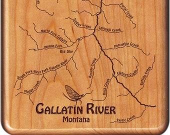 GALLATIN  RIVER Map Fly Fishing Box - Personalized , Handcrafted, Custom Laser Engraved Gift. Includes Name, Inscription, Choice of Art. MT