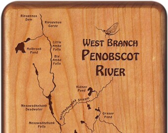 Penobscot River Map Fly Box - West Branch Handcrafted, Custom Designed, Laser Engraved. Includes Name, Inscription, Artwork. Fly Fishing ME.