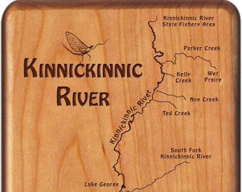 Kinnickinnic River Map Fly Box - Handcrafted, Custom Designed, Laser Engraved. Includes Name, Inscription, Artwork. Fly Fishing Wisconsin.