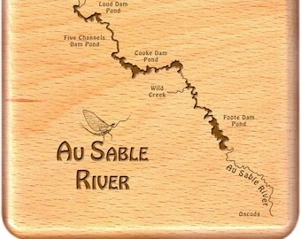 Au SABLE RIVER, LOWER - Custom Map Fly Box. Handcrafted, Laser Engraved. Personalized with Name, Inscription, Artwork. Fly Fishing Michigan.