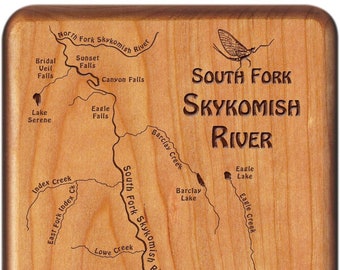 SKYKOMISH South Fork River Map Fly Box. Personalized, Custom Laser Engraved Handcrafted Gift. Includes Name, Inscription, Art. Fishing WA.