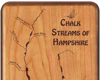 CHALK STREAMS Of HAMPSHIRE River Map Fly Box. Personalized, Custom Engraved Gift. Includes Name, Inscription, Artwork. Fly Fishing England