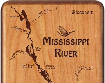 MISSISSIPPI River Map Fly Box - Personalized, Custom Engraved Handcrafted Gift. Includes Name, Inscription, Artwork. Fly Fishing MN WI