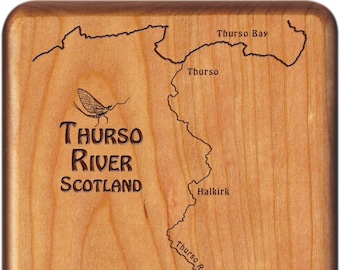 THURSO RIVER Fly Box Map. Personalized, Custom Designed Laser Engraved Handcrafted Gift. Includes Name, Inscription, Art. Fishing Scotland