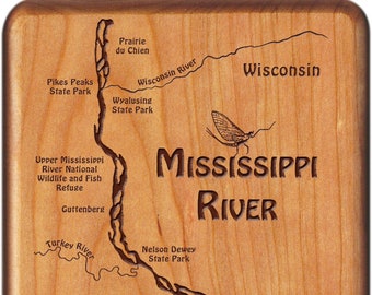 MISSISSIPPI River Map Fly Box - Personalized, Custom Engraved Handcrafted Gift. Includes Name, Inscription, Artwork. Fly Fishing WI