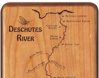 DESCHUTES RIVER Map Fly Box - Personalized, Handcrafted Gift, Custom Designed, Laser Engraved. Includes Name, Inscription, Art. Fishing OR
