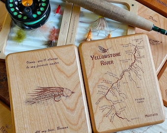 Fly Box PERSONALIZED ANNIVERSARY GIFT. 500+ Original River Map Choices. Includes Name, Inscription, Fishing Art. Handcrafted Custom Engraved