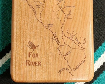 FOX RIVER Map Fly Box - Personalized, Handcrafted, Custom Engraved, Original Map Art. Includes Name, Inscription, Artwork. Fly Fishing MI.