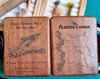 PERSONALIZED DAD GIFT Fly Fishing Box. Custom Designed, Laser Engraved with Pre-Designed River Map, Name, Inscription, Art. Handcrafted usa