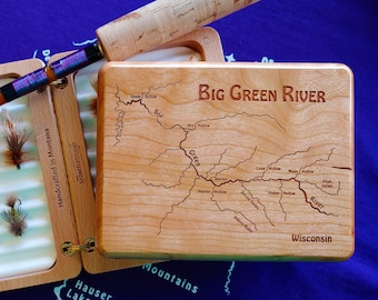 BIG GREEN River Map Fly Box. Personalized Gift, Handcrafted, Custom Laser Engraved Gift. Includes Name, Inscription, Art. Wood. Fishing WI