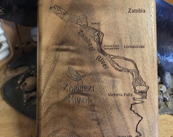 ZAMBEZI River Map Fly Box. Personalized, Custom Laser Engraved Gift. Includes Name, Inscription, Art. Fishing Victoria Falls ZM ZW, Africa.