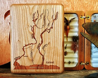 PJORSA-HVITA-OLFUSA Rivers Map Fly Box. Personalized, Custom Laser Engraved Gift. Includes Name, Inscription, Art. Wood. Fishing Iceland.