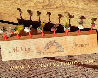 FLY HOLDER Display For Tied Fishing Flies. 8 Clips. Personalized Engraved Gift: Name, Inscription, Art. Cherry Wood. Flies not included.