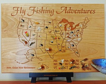 FLY FISHING ADVENTURES Plaque 12x18. Personalized, Handcrafted, Custom Engraved Gift. Cherry Wood. U.S. River Map Art. Flies Not Included.