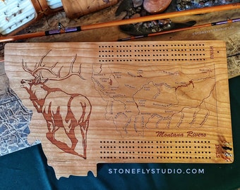 MONTANA STATE Rivierkaart Cribbage Board. Gepersonaliseerde aangepaste gegraveerd geschenk. Inclusief vooraf ontworpen rivierkaart, naam, inscriptie, art. MT gemaakt.