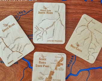 RIVER MAP COASTERS 4.25 X 5.5  Set of 4. Personalized, Handcrafted Custom Functional Art, Laser Engraved, Birch Wood.  100's of Maps Choices