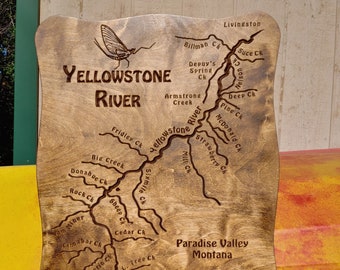UPPER YELLOWSTONE River Map Wall Art. 18x22". Personalized. Baltic Birch Wood. Custom Home, Lodge, Cabin, Office Décor Mantle Sign. MT
