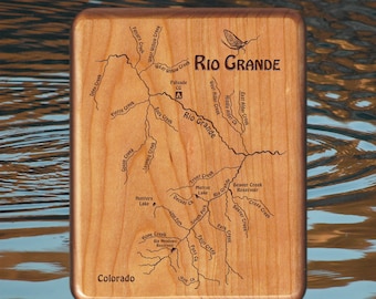 RIO GRANDE South Fork Confluence River Map Fly Box. Personalized Handcrafted Gift. Custom Engraved with Name, Inscription, Art. Fishing CO