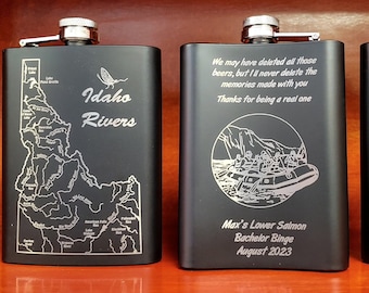 GROOMSMEN GIFT FLASKS - Personalized with A Pre-Designed River Map, Name, Inscription, & Artwork. Stainless 8oz Custom Laser Engraved Flask.