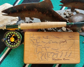 River Map Fly Fishing Streamer Box 5x8.75" Personalized Custom Engraved Gift. Includes River Map Choice, Name, Inscription, Art. Cherry Wood
