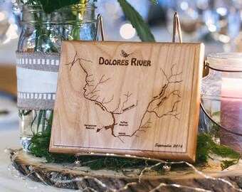 WEDDING TABLE PLAQUES 5x7.  Personalized Handcrafted Gift and Banquet Decor. 500+ River Map Choices. Custom Designed, Laser Engraved. Wood.
