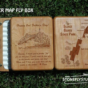 PERSONALIZED FLY BOX Fishing Gift. Choose Your River, Art, Name, Inscription. Over 500 River Map Choices. Handcrafted, Custom Laser Engraved Cherry Wood