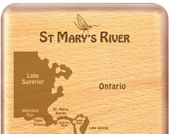 ST MARY'S RIVER Map Fly Box- Handcrafted, Custom Designed, Laser Engraved. Includes Name, Inscription, Artwork. Fly Fishing Michigan.