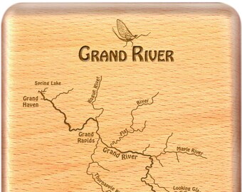 GRAND RIVER MAP Fly Box- Handcrafted, Custom Designed, Laser Engraved. Includes Name, Inscription, Artwork. Fly Fishing Michigan.